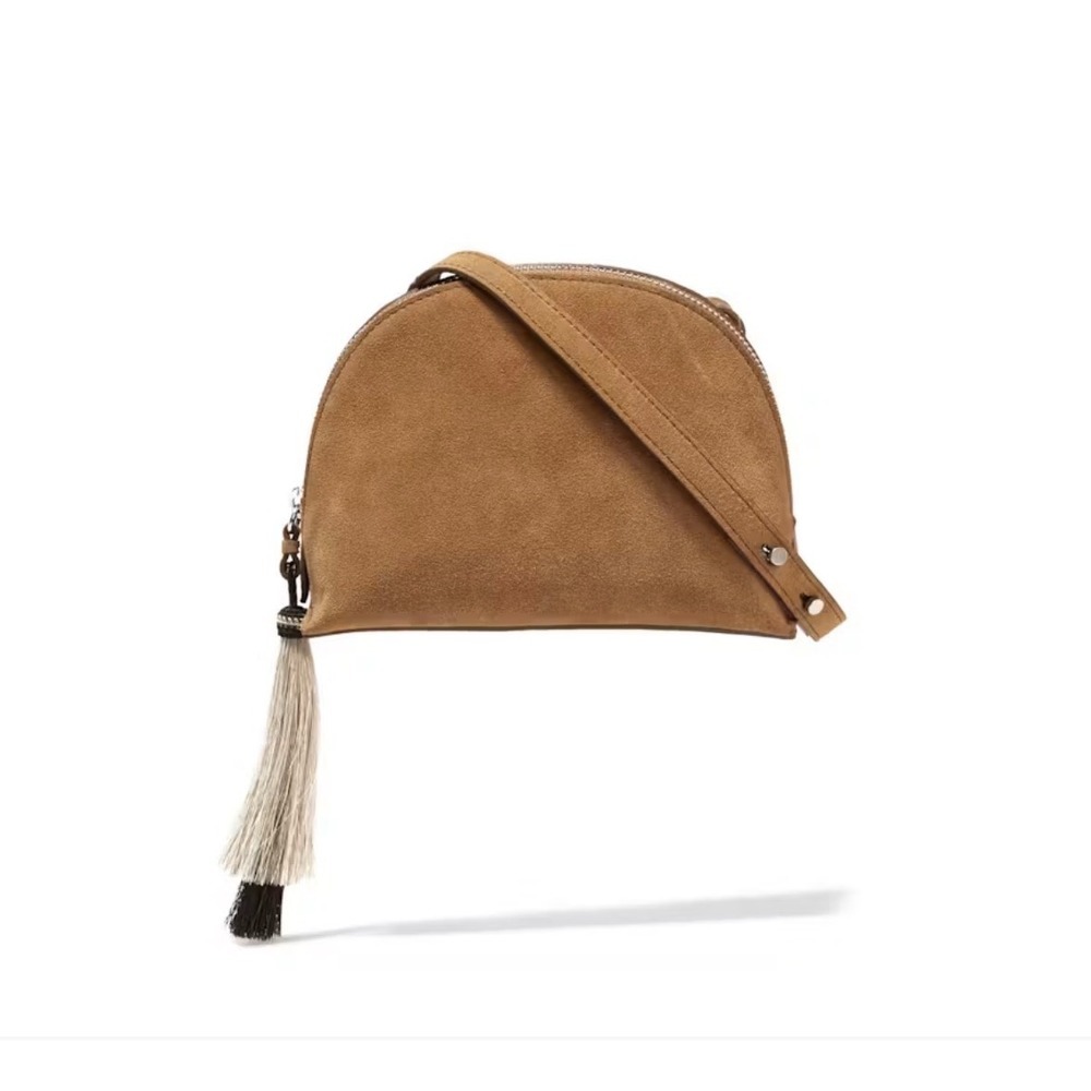 B39 Loeffler Randall Suede Crossbody Pouch Bag Small Camel Horse Hair Tassel